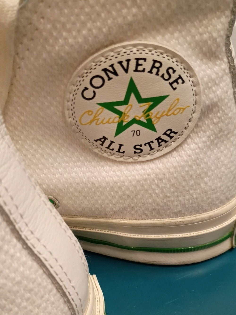 Converse White High-Top Sneakers with Green Star and Yellow Script Chuck Taylor